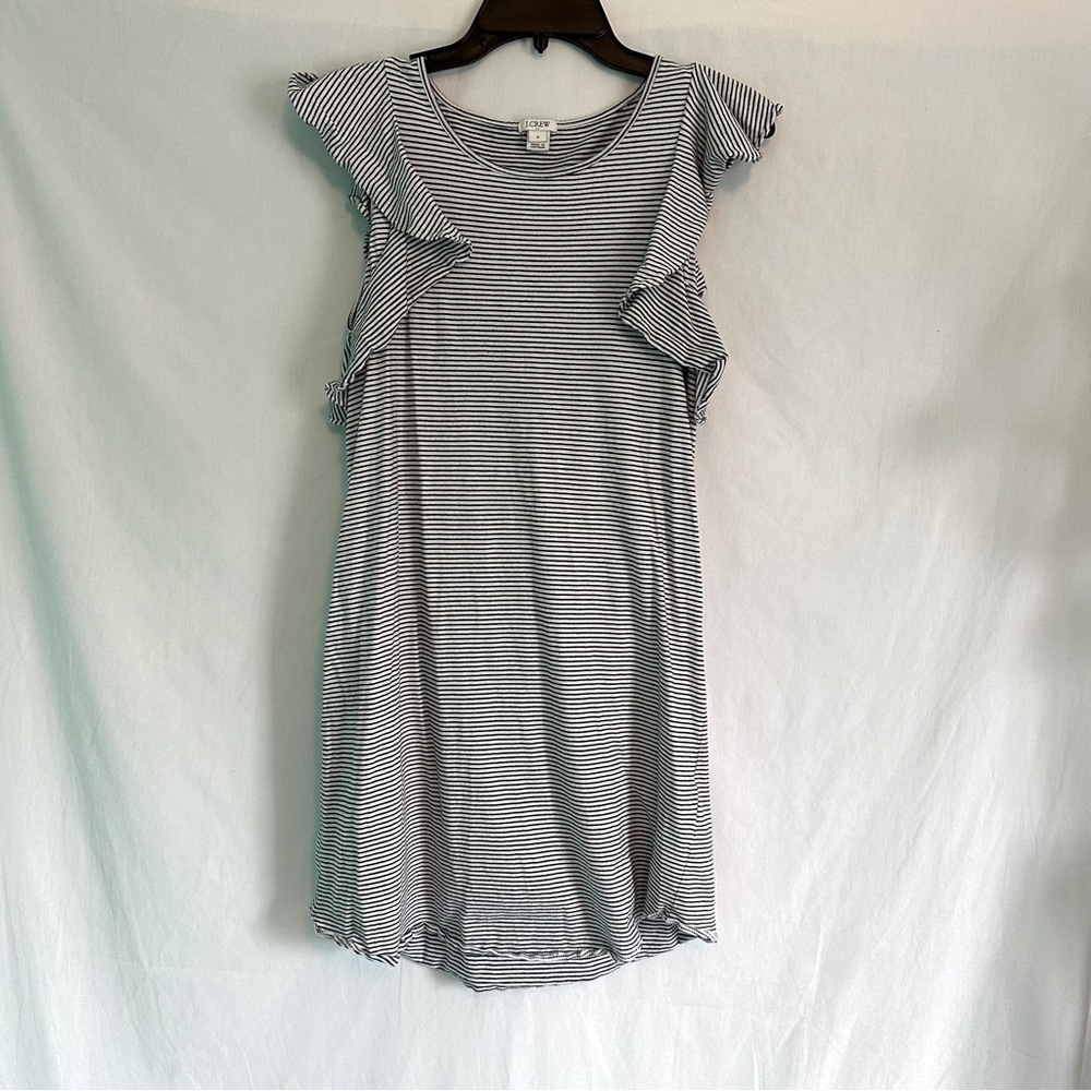 J. Crew size S navy and white striped dress with ruffle sleeves
